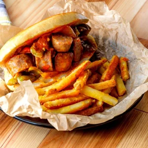 SMOKED SAUSAGE SANDWICH w/FRIES OR ONION RINGS